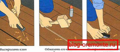 Sellado de ranuras de suelo de madera con listones.